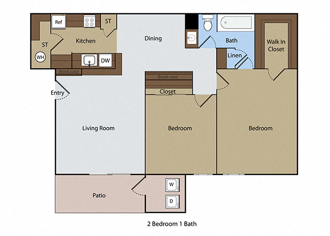 Floor plan for 2 beds, 1 bath, 809 sqft